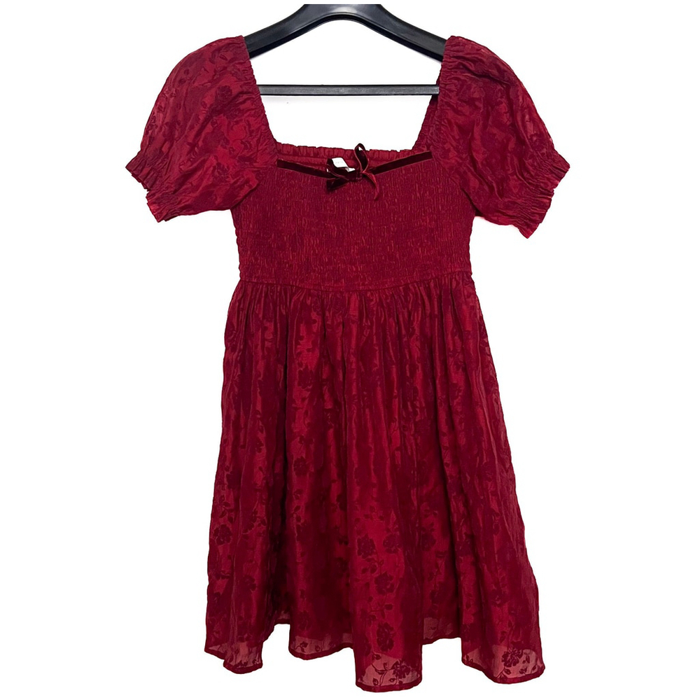 Altar’d State Mini Dress Red/Burgundy Sz M Smocked Babydoll Valentines Coquette
